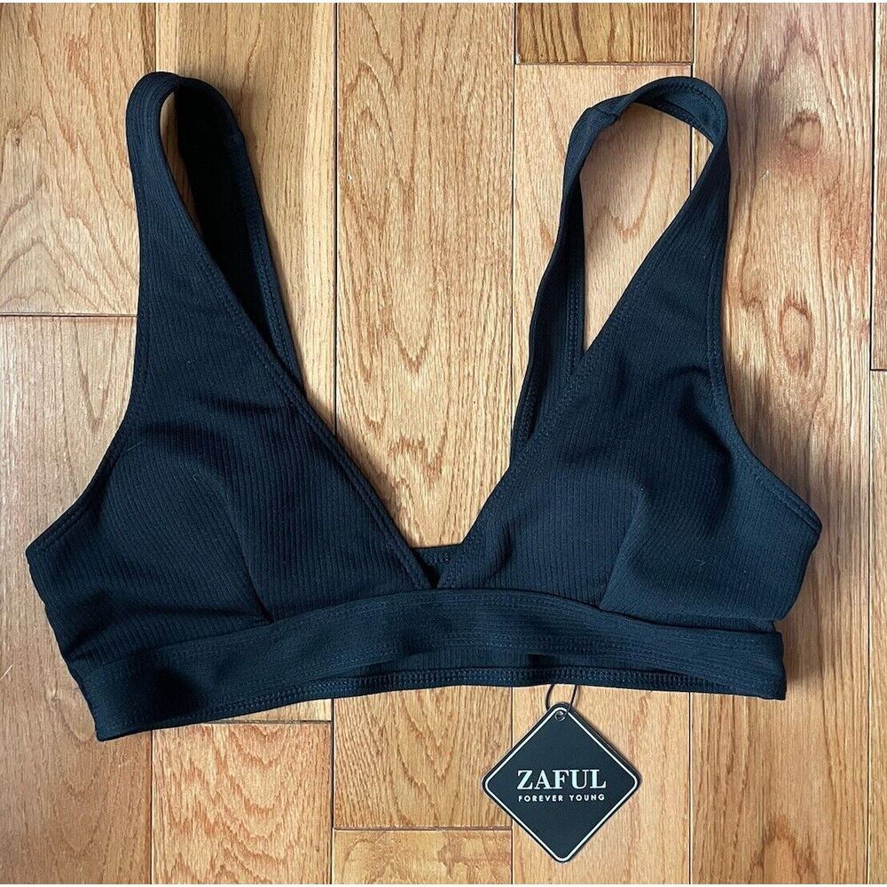 Zaful Bikini Top Womens Size M Black Ribbed V-Neck w/ Bra Cup NWT